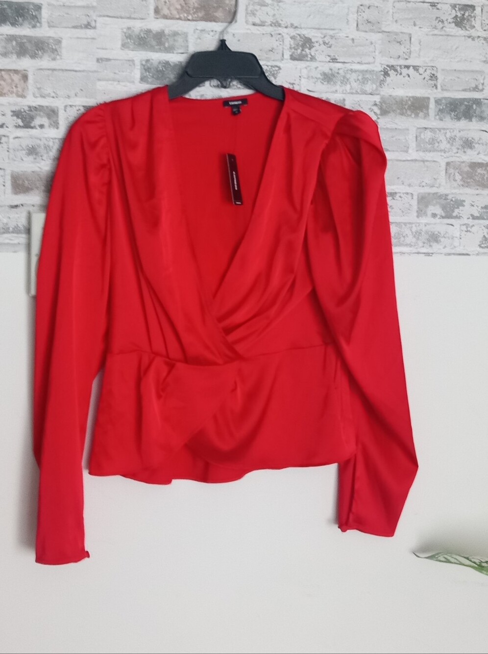 Express Red Wrap-Front V-Neck Long Sleeve Blouse New